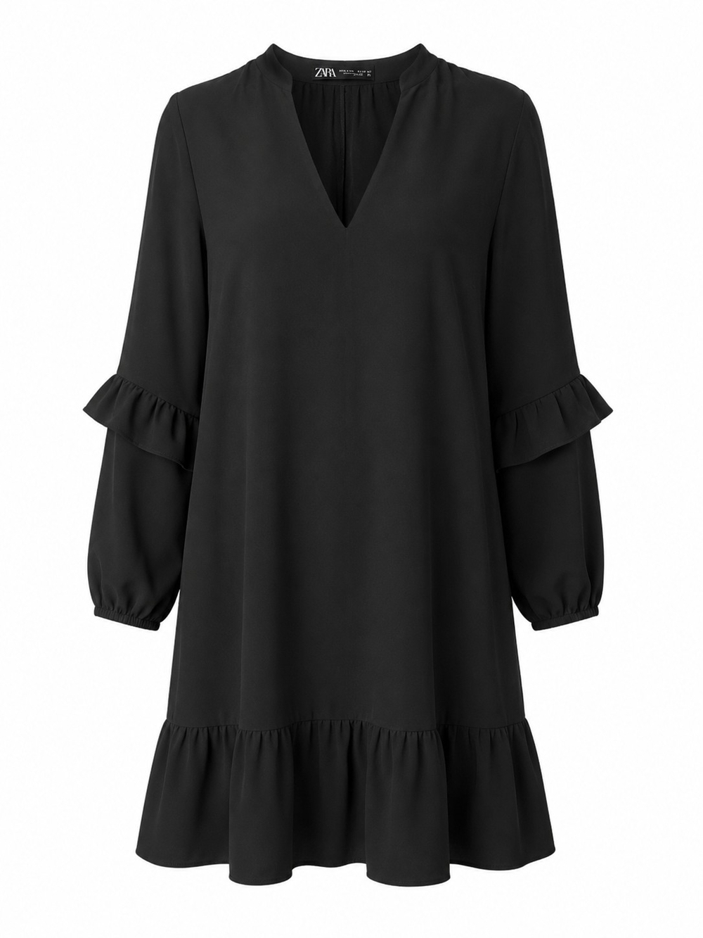 ZARA | Black Ruffle Tunic Mini Dress V-Neck Long Sleeve Pullover Minimalist | XL
